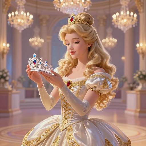 Blonde princess with wavy hair, golden crown, and white-gold dress admires jeweled tiara in grand, chandelier-lit ball