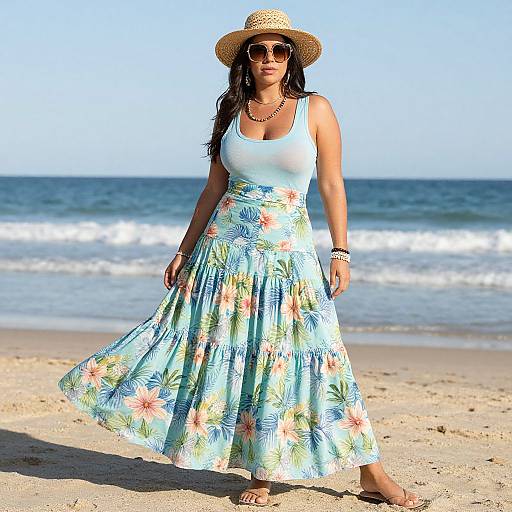 Photograph of a woman in a white tank top and floral blue skirt, wearing a straw hat and sunglasses, standing on a sunny beach with waves in