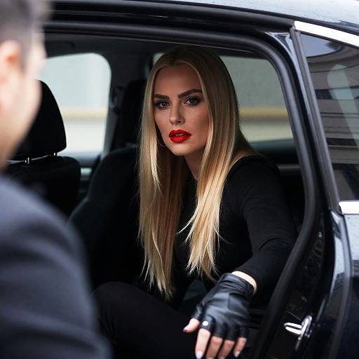 Blonde Woman Exiting Black Car