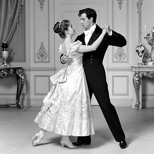Black-and-white photograph of a 1950s-style couple dancing in an ornate room. The woman wears a floral dress, and the man is