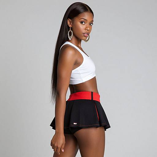 Photograph of a young Black woman with long straight hair, wearing a white crop top, black mini skirt with red belt, and large hoop earrings,