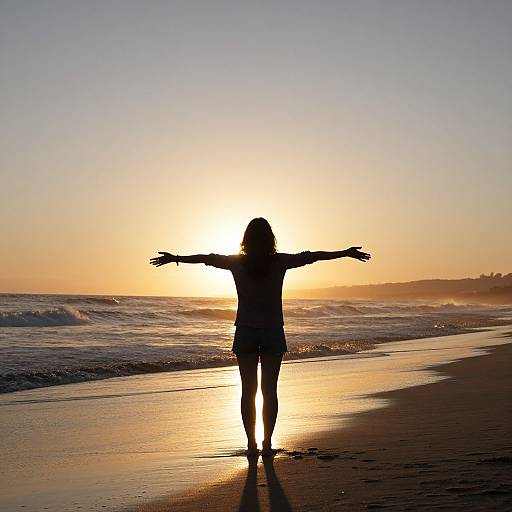 Silhouetted woman with outstretched arms standing on a sunlit beach at sunset, waves gently touching the shore. Photograph.