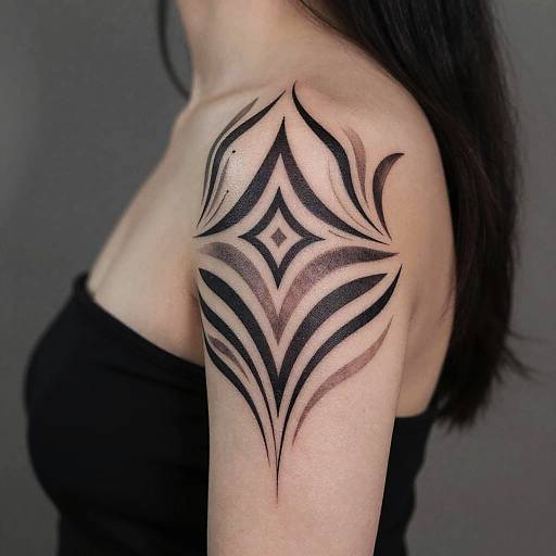 Photograph of a woman's upper arm showcasing a bold, black tribal tattoo with symmetrical lines and a central diamond shape, against a dark grey background
