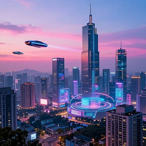 Neon-lit futuristic cityscape at dusk with glowing skyscrapers, flying saucer-like drones, and a brightly illuminated circular building in the center