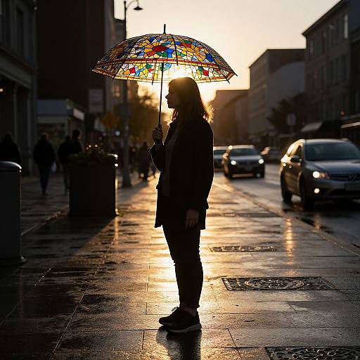 Silhouetted person holding colorful stained glass umbrella on rainy street, sunlight backlighting, cars and buildings in background, urban setting.