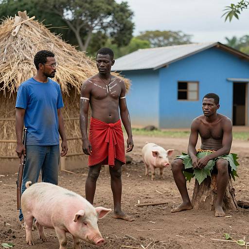 Three Men in Rural Setting with Pigs