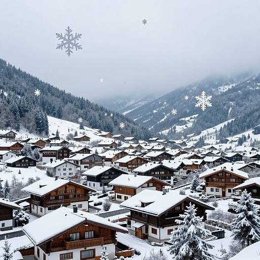 Alpine Village with Hovering Snowflakes