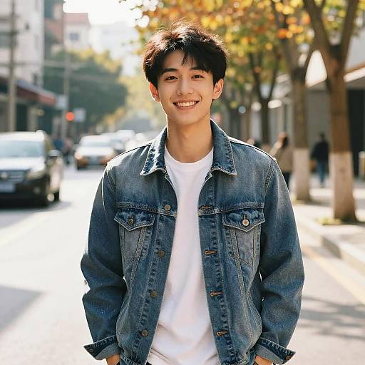 Photograph of a smiling young Asian man with short black hair, wearing a blue denim jacket over a white t-shirt, standing on a sunny urban street