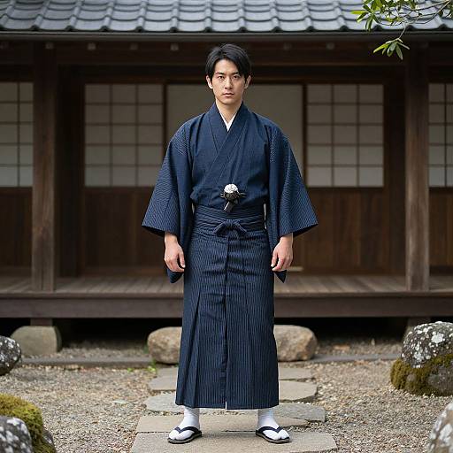 Photograph of an East Asian man in traditional navy blue yukata with white tabi socks, standing in a Japanese garden courtyard. Wooden building with sh
