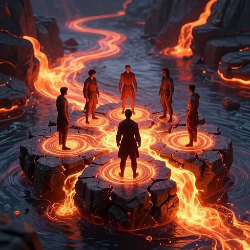 Digital artwork: Six silhouetted figures stand on glowing, fiery rock islands in a dark, volcanic river with vibrant orange lava streams.