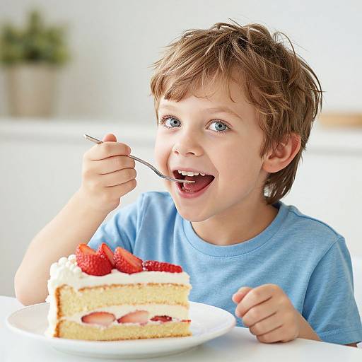 Photograph of a young boy with light brown hair, blue eyes, and a blue shirt, excitedly eating strawberry cake with a fork.