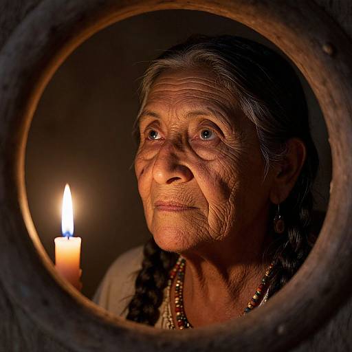 Photograph of an elderly Native American woman with wrinkled face, braided hair, and necklace, gazing upward, lit by candlelight through a