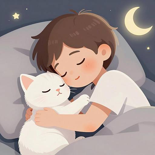 Child Sleeping with White Cat Digital Illustration