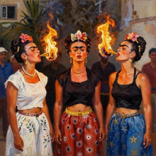 Digital painting of three Latina women with fiery hair tips, wearing traditional attire, standing side by side, each with a torch. Vibrant colors, floral