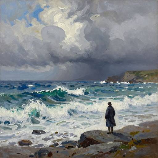 Impressionist-style painting of a solitary figure in a long coat standing on a rocky shore, watching turbulent, white-capped waves under a dramatic,