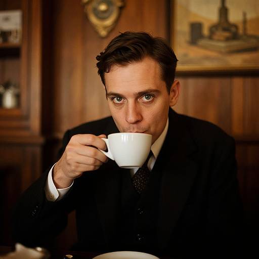 Photograph of a serious-looking man with short brown hair, dressed in a black suit, sipping from a white cup in a wooden-paneled room
