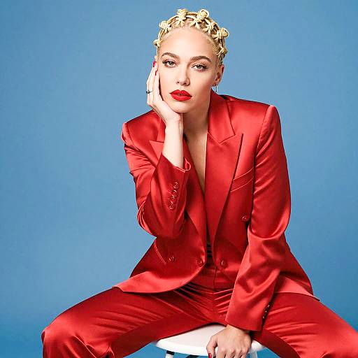 Elegant Woman in Red Satin Suit