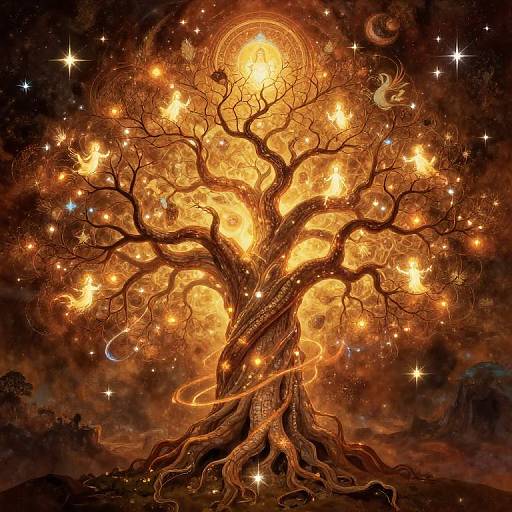 Digital artwork of a glowing, twisted tree with fiery leaves and branches, surrounded by stars, moons, and a crescent. A white bird soars