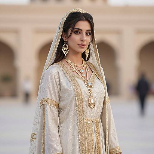 Photograph of a beautiful South Asian woman in a white, gold-embroidered traditional dress with a veil, wearing ornate jewelry, standing in