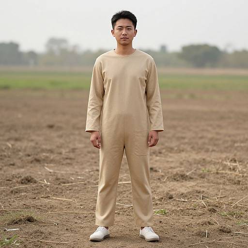 Photograph of an Asian man with short black hair, wearing a beige long-sleeve jumpsuit and white shoes, standing in a barren, dirt