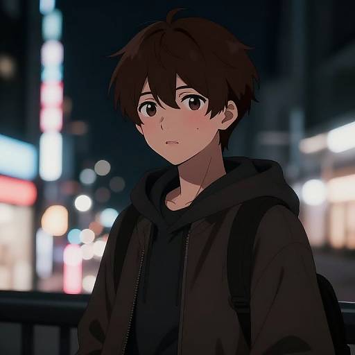 Anime-style digital drawing of a young, blushing boy with brown hair, wearing a black hoodie and backpack, standing in a brightly lit, blurry urban