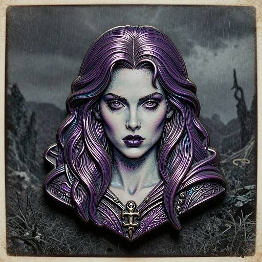 Digital art of a pale-skinned woman with vivid purple wavy hair, dark lipstick, and ornate purple armor, set against a stormy,