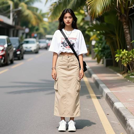 Young Asian woman with long black hair, wearing a white T-shirt, beige skirt, and white sneakers, walks down a sunny street lined with palm trees