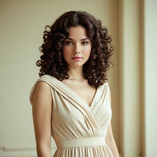 Elegant Woman in Beige 1970s Style Dress