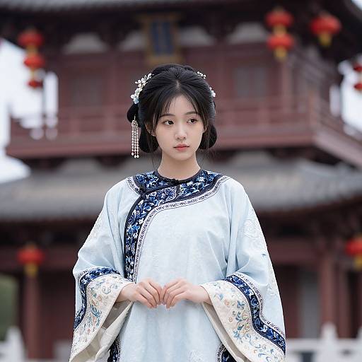 Photograph of an East Asian woman with fair skin, black hair in a bun, wearing a white traditional Chinese dress with blue floral embroidery, standing in