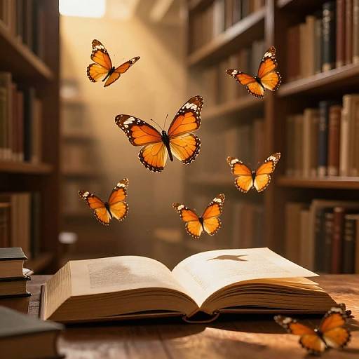 Photograph of an open book on a wooden table in a library, with seven orange and black butterflies flying around.