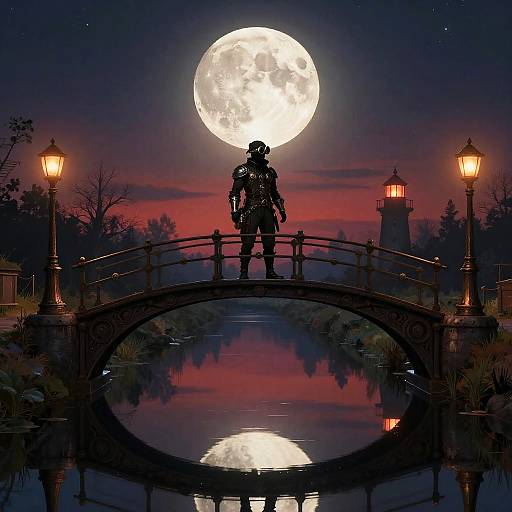 Silhouetted soldier stands on bridge under full moon, reflecting in serene water. Lamp posts glow, red sky, lighthouse in background. Digital