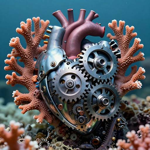 Photograph of a steampunk-style mechanical heart with gears and a red pulmonary artery, surrounded by coral in an underwater setting.