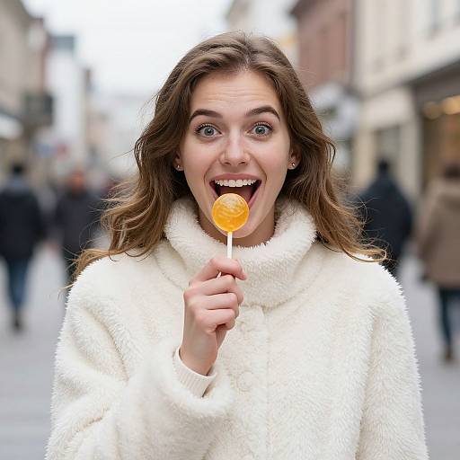Photograph of a surprised young woman with wavy brown hair, blue eyes, and fair skin, holding an orange lollipop, wearing a white fuzzy