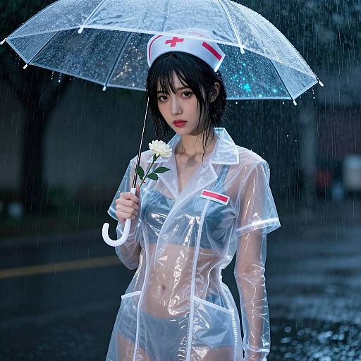 Photograph of an Asian woman in a transparent nurse outfit holding a glowing umbrella, with raindrops, under dark, rainy skies.
