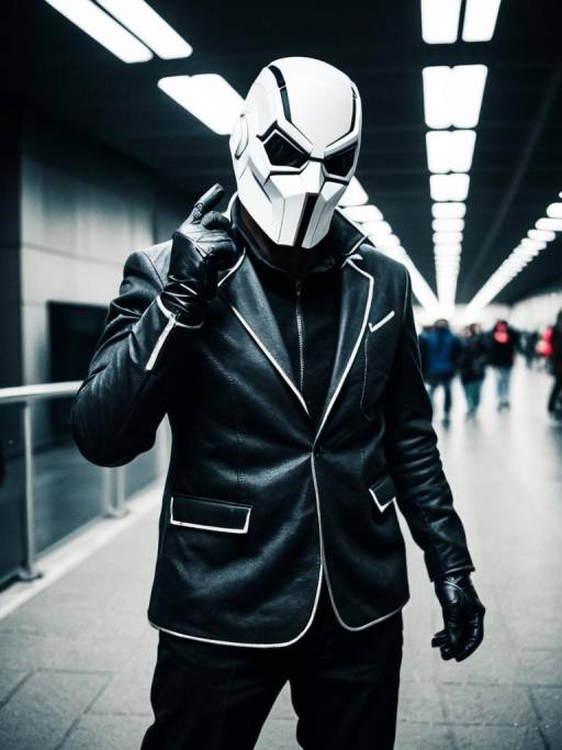 Man in futuristic cosplay costume with white helmet