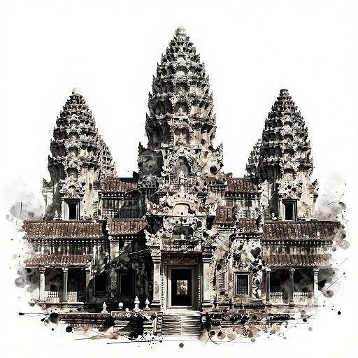 Black and White Digital Sketch of Angkor Wat