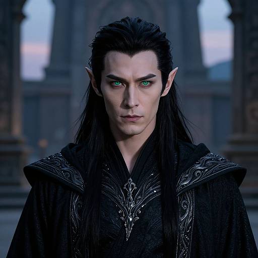 Photograph-style CGI of a pale, elf-like man with long black hair, pointed ears, and piercing green eyes, wearing a detailed black medieval robe