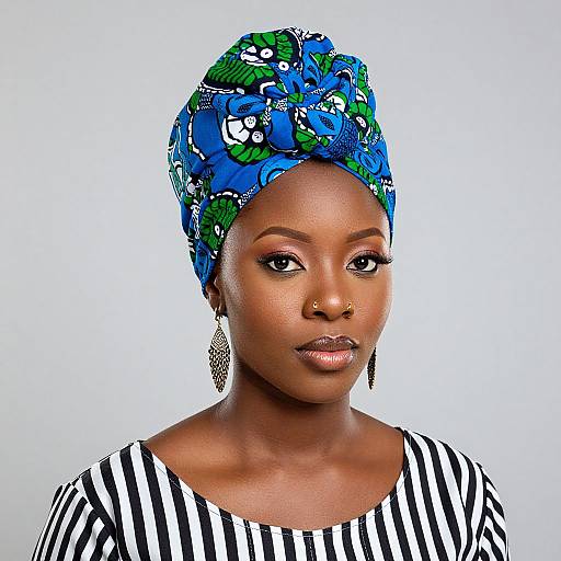 Photograph of a dark-skinned woman with a vibrant blue and green floral headwrap, black and white striped blouse, and dangling earrings, set against