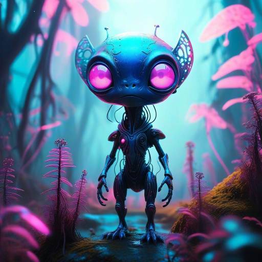 Whimsical Alien in a Bioluminescent Forest