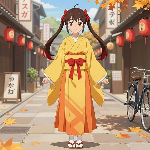 Anime Girl in Traditional Japanese Kimono on Autumn Street