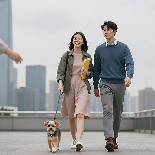 Young Couple Walking Dog in Urban Setting
