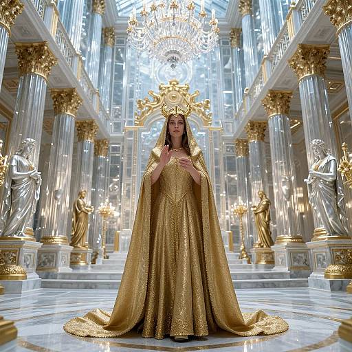 Photograph of a regal woman in a shimmering gold gown and crown, standing in an opulent, grand hall with tall columns and ornate