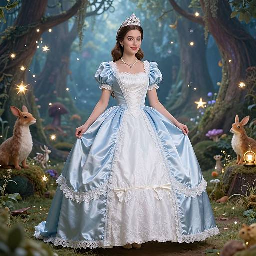 Photograph of a fair-skinned woman in a blue satin princess dress with white lace, tiara, in enchanted forest with rabbits and glowing stars.