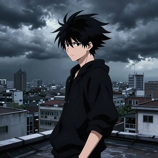 Anime-style digital illustration of a black-haired, serious young man in a black hoodie, standing on a rooftop against a stormy, nighttime cityscape.