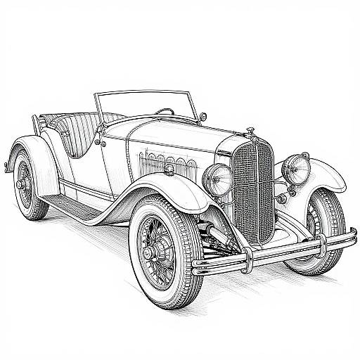 Black-and-white line drawing of a classic vintage convertible car with a large grille, fender-mounted headlights, and detailed wheel spokes.
