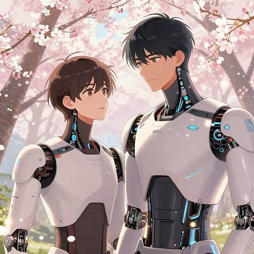 Digital anime-style drawing of two young male androids with black hair, white and black robotic bodies, standing under cherry blossoms.