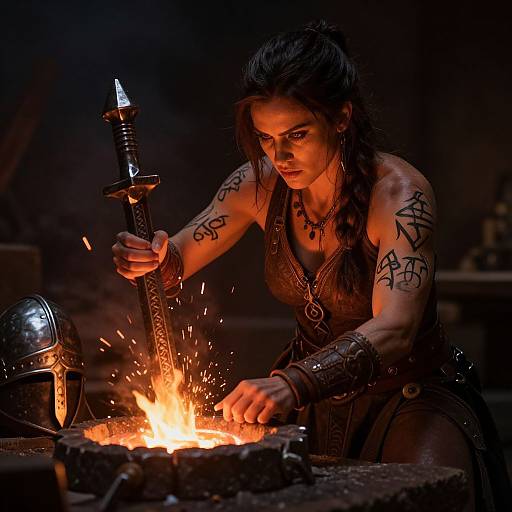 A fierce, tattooed woman with braided hair ignites a forge, holding a sword, sparks flying, helmet nearby, dimly lit workshop.