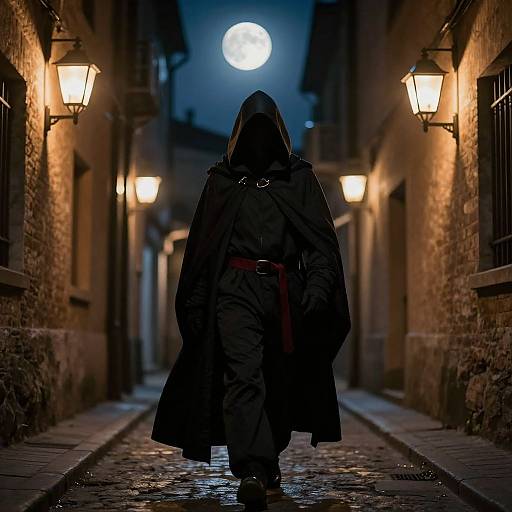 Photograph of a hooded figure in a long black coat walking down a narrow, cobblestone alley at night, illuminated by street lamps and a