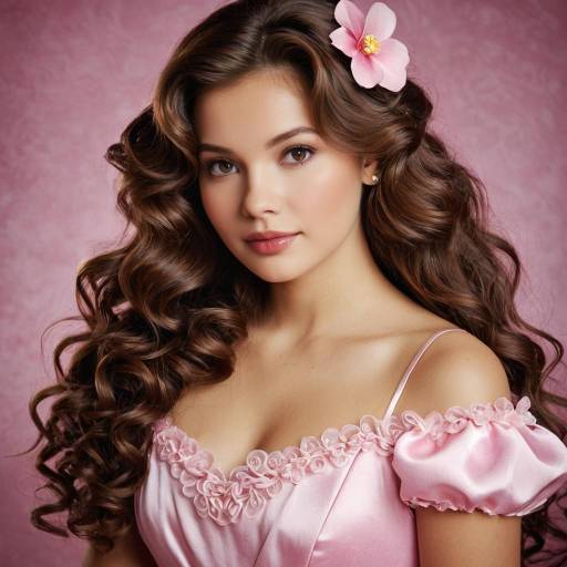 Young Woman in Pink Dress with Curly Hair and Flower