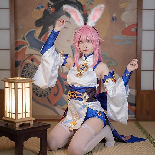 Pink-Haired Anime Cosplayer in Japanese Room